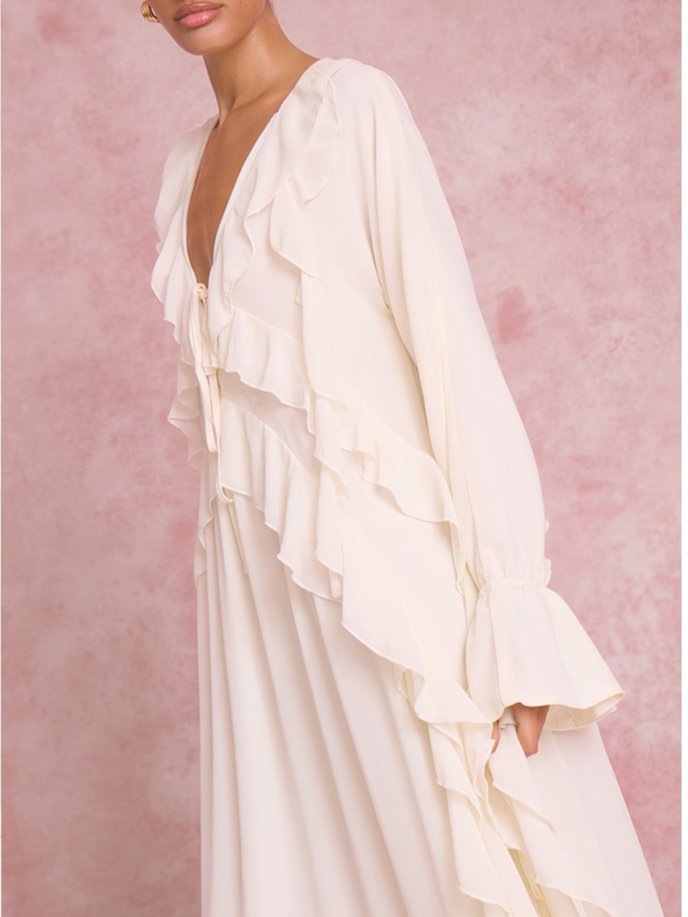 Ivory Ruffled V-Neck Maxi Dress